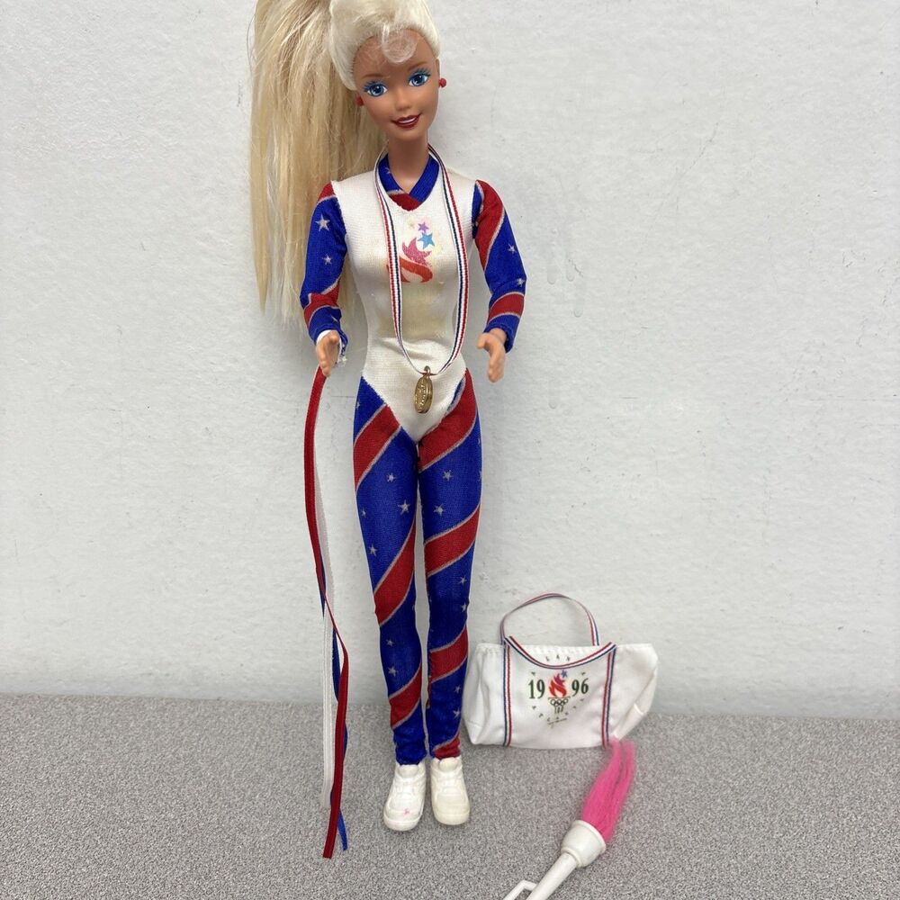 Vintage Barbie 1996 Atlanta Olympics Gymnast Doll, Uniform, Medal, Bag, Ribbons
